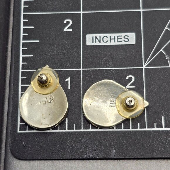 VTG Alpaca Silver Abalone Enamel Earrings 1" Mexico Teardrop Inlay Signed - Picture 5 of 8